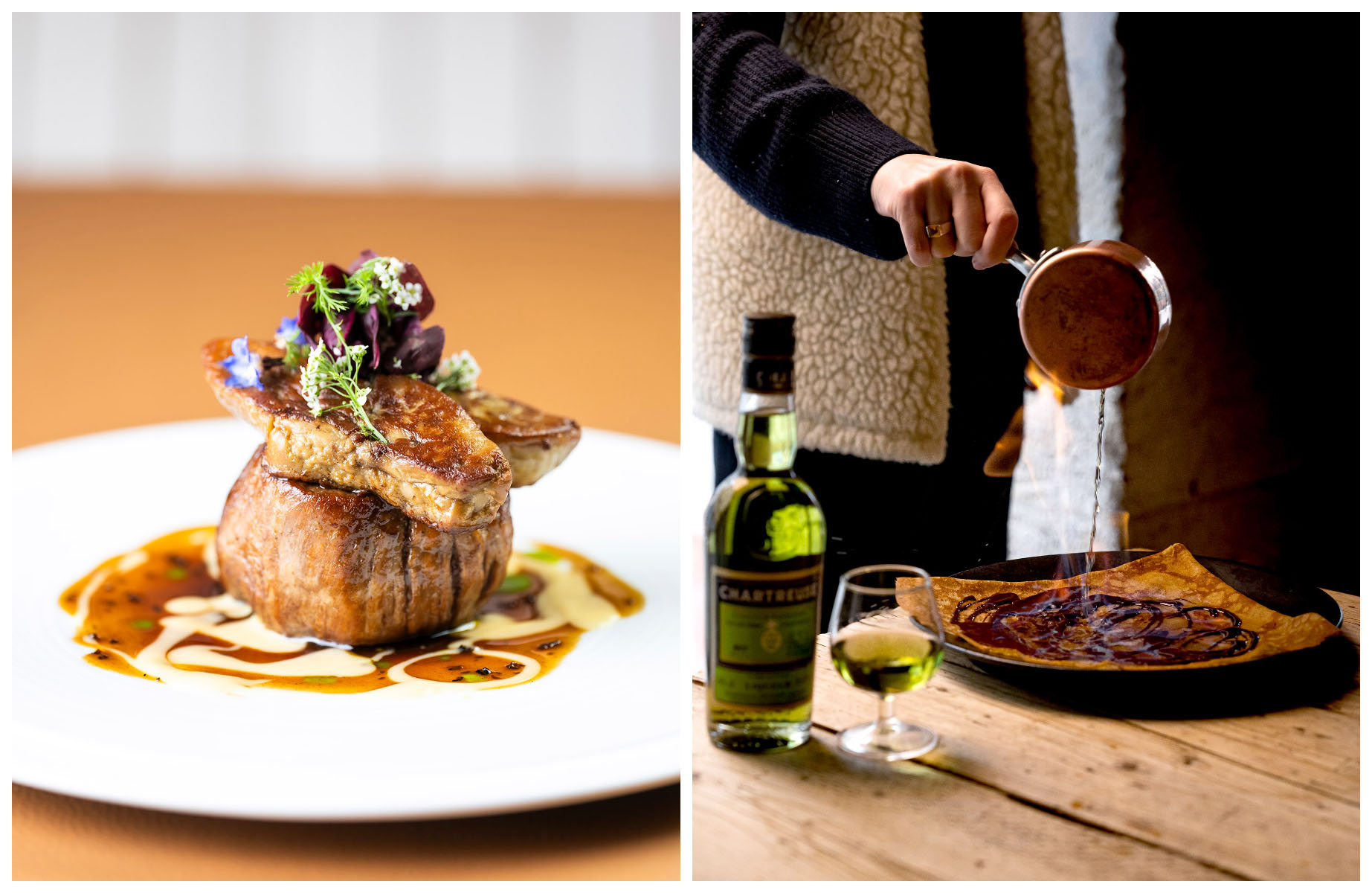 Dishes from Brasserie Benjamin and Breizh Café Megève. © Sylvain Terret/Brasserie Benjamin, © Labo N°3 Photographie/Breizh Café Megève