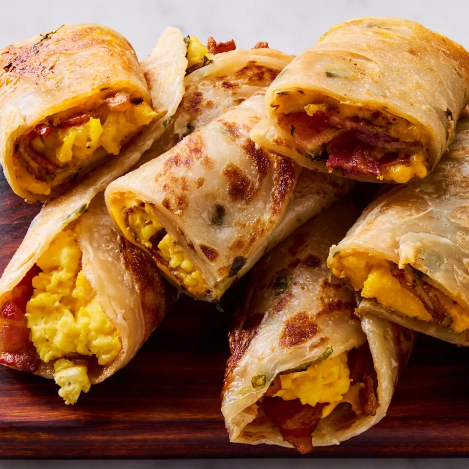 scallion pancake wraps with bacon, egg, and cheese