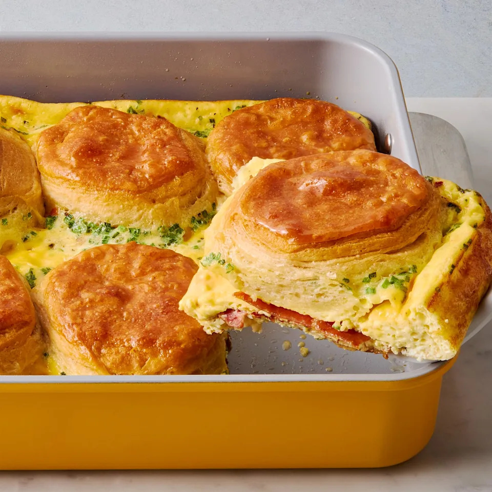 bacon and egg casserole layered with biscuits