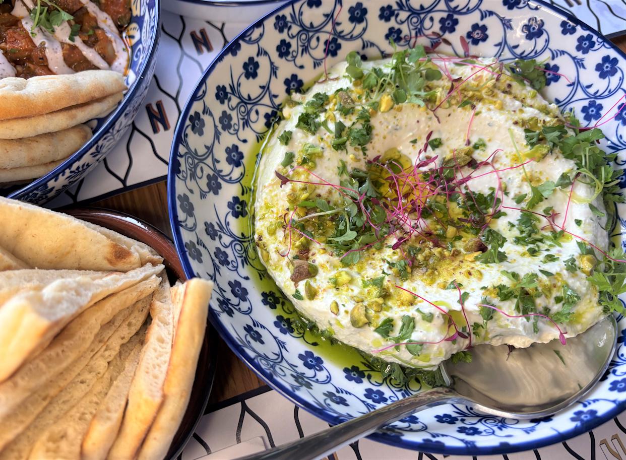 A feta-and-pistachio dip appetizer at Nil’s Mediterranean Cuisine, which opened at114 Market St. in downtown Wilmington, N.C. in March 2026.