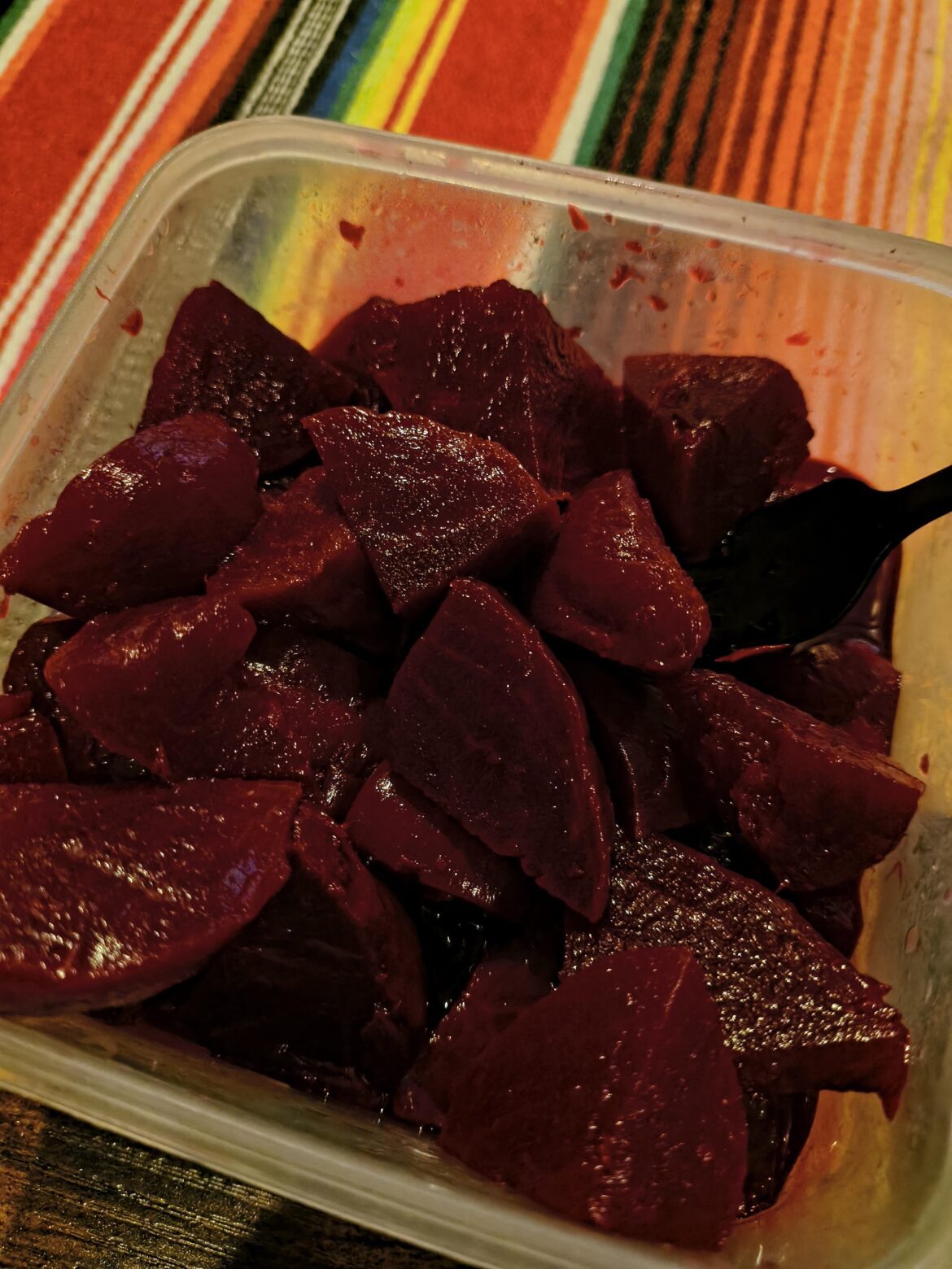 Canned pickled beets kept in Tupperware for a month