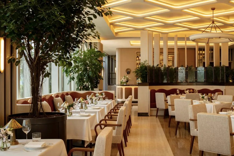 The dining room at Seia features contemporary design and sweeping views of the Miami skyline.