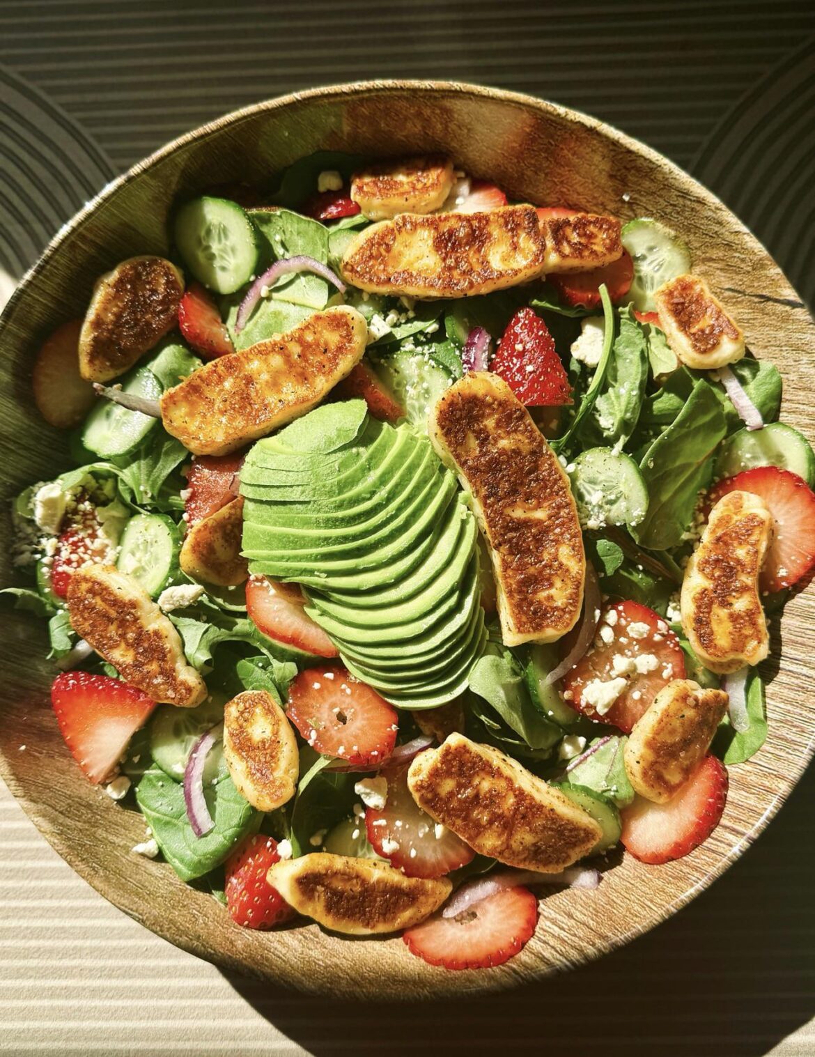 Halloumi salad w/ strawberries, avocado, red onion, cucumber, & feta