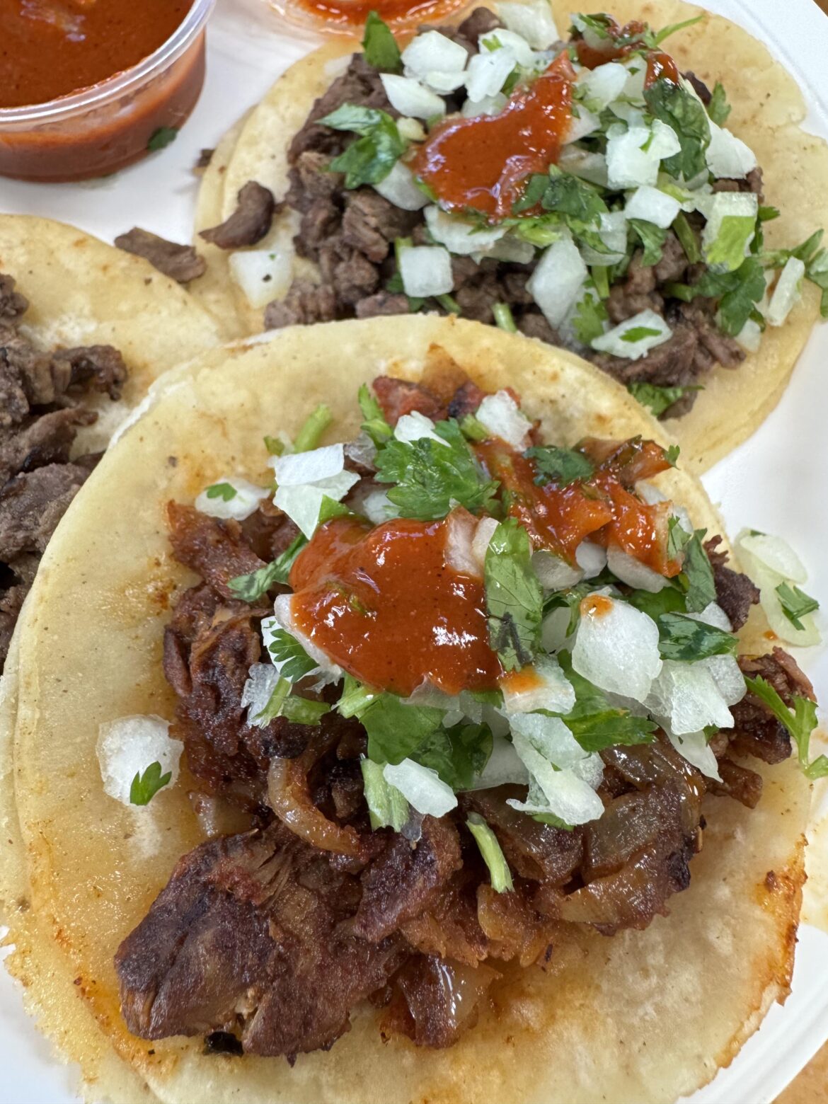 Carne Asada and Al Pastor Tacos with red salsa sauce !!!🌮