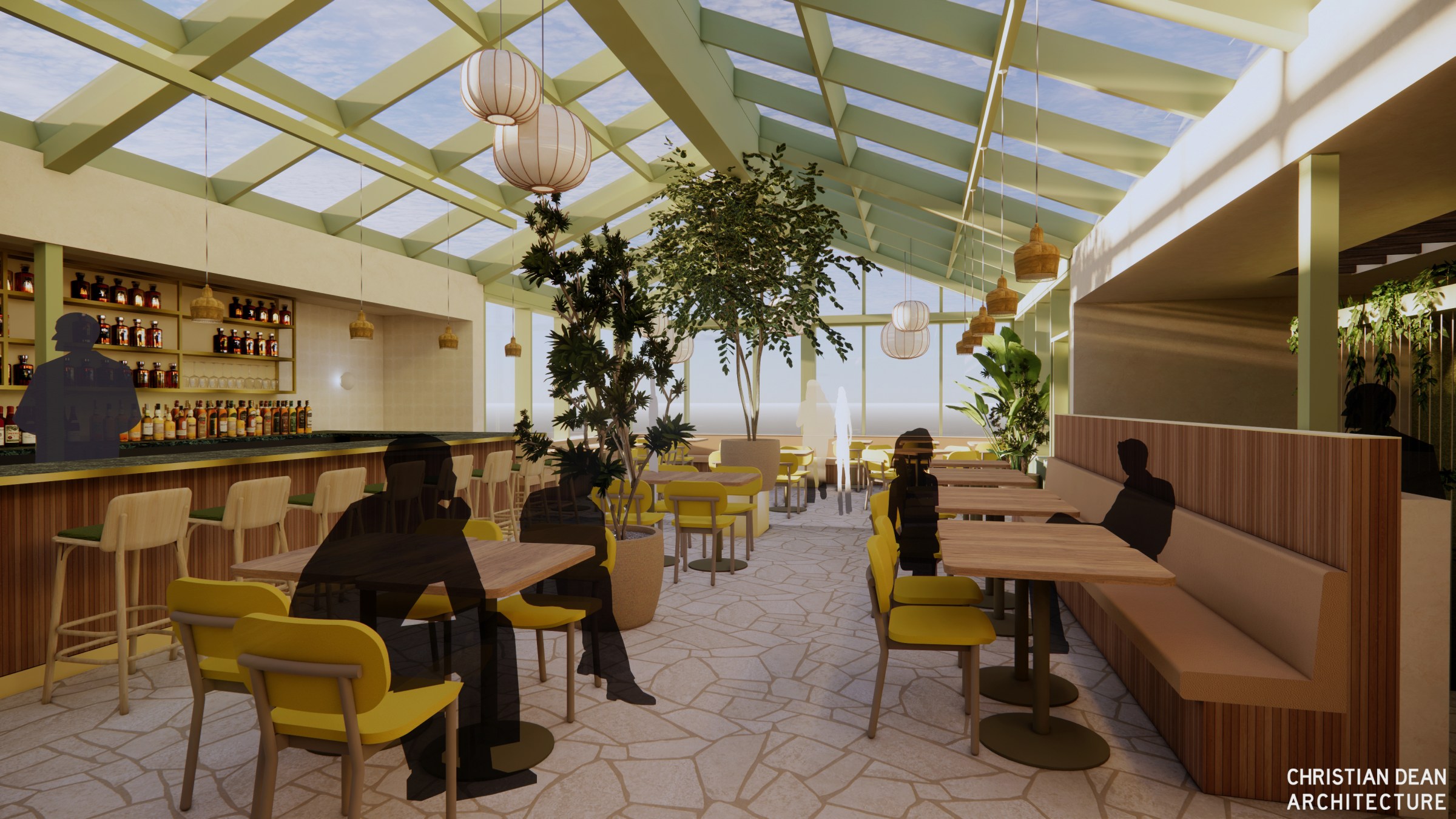 A rendering of a glass-ceilinged restaurant and bar.
