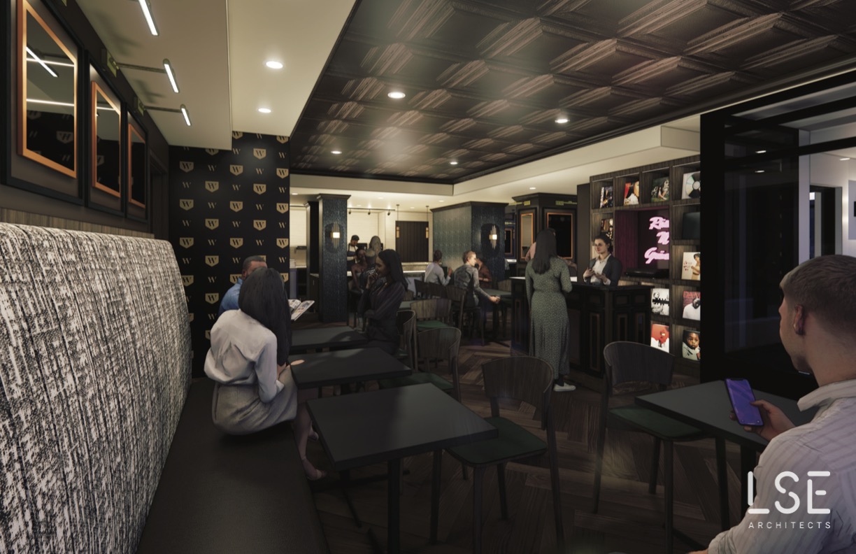 A rendering of a restaurant with wallpaper, banquettes, and a bar.