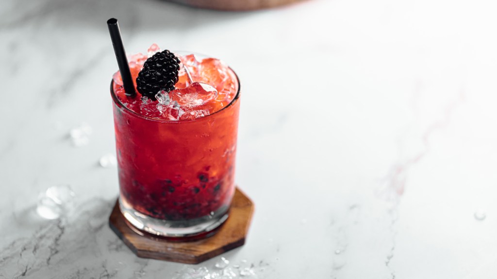Bramble cocktail with blackberry garnish.