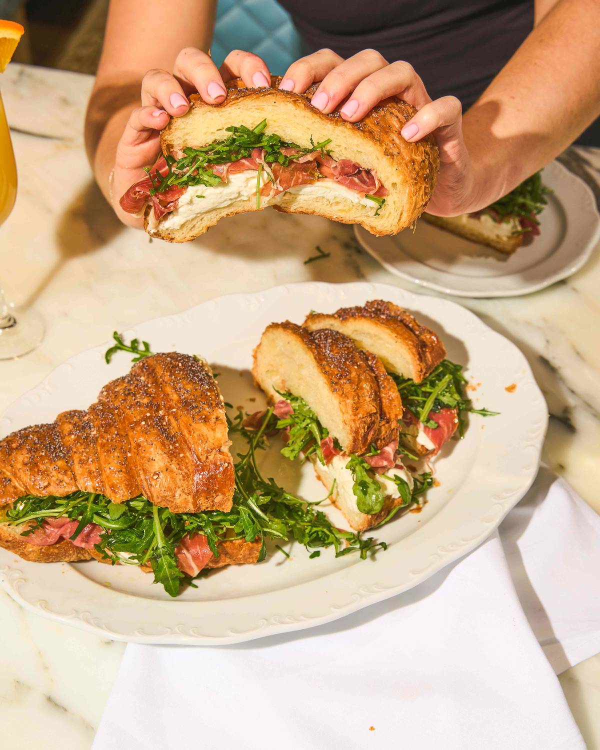 croissant filled with rocket, mozzarella and prosciutto