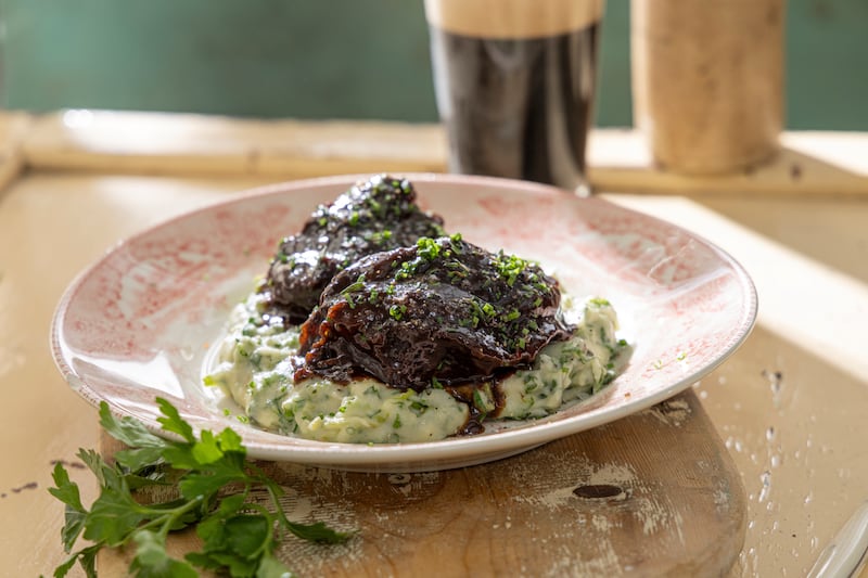 Pork cheeks glazed in Irish balsamic cider vinegar with colcannon. Photograph: Harry Weir