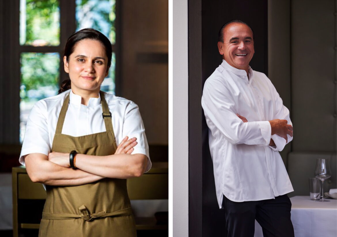 Garima Arora and Jean-Georges Vongerichten headshots, both wearing chefs jackets in restaurant settings