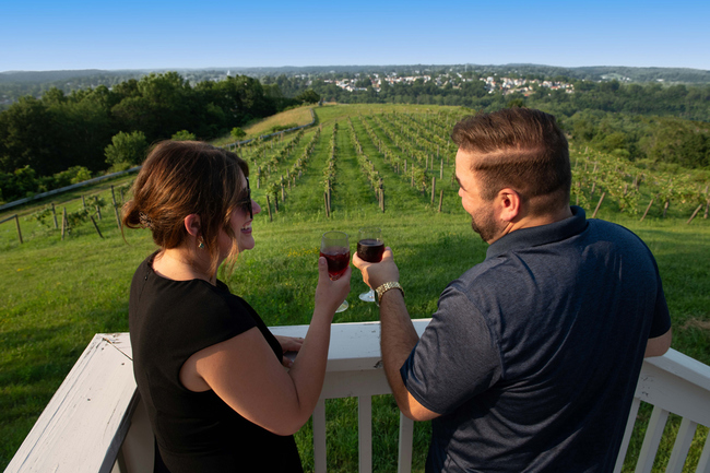 couple standing on deck overlooking vineyards and toasting with glasses of red wine at Georgetown Vineyards in Cambridge, Ohio