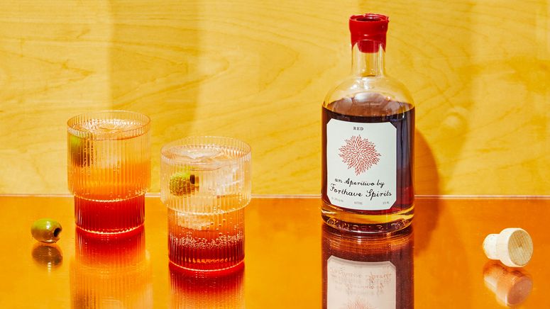 Two glasses of amaro spritz made with Forthave Amaro