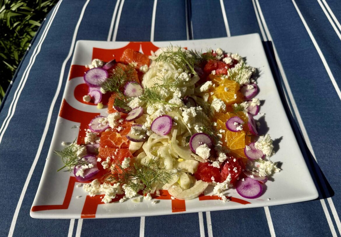 Fennel, orange, radish and feta salad with an orange-ginger dressing. (Kathy Gunst/Here & Now)