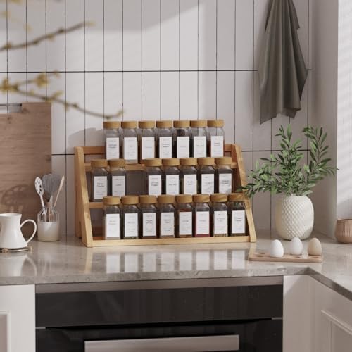 Cchidg Bamboo Spice Rack Organizer -3-Tier Spice Rack for Countertop,cabinet Spice Rack Organizer for 27 Spice Jars(4oz)，step Shelf (yellow)