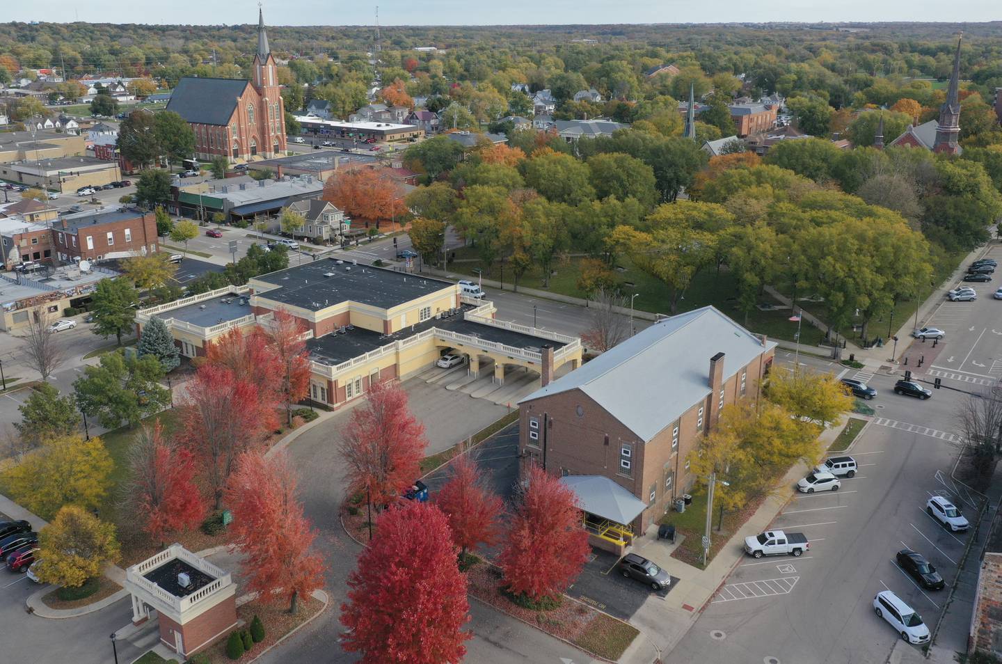 An aerial view of the fall colors at Washington Square downtown Ottawa on Monday, Oct. 23, 2023.