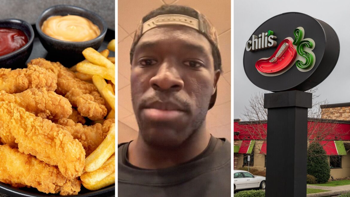 chicken tenders (l) man shares food order issue (c) Chili