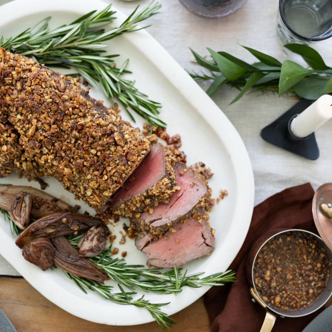PECAN-CRUSTED BEEF TENDERLOIN WITH HORSERADISH-PECAN SAUCE 
A classic holiday crowd-pleaser uses pecans two ways for added texture and flavor. 
Get the recipe