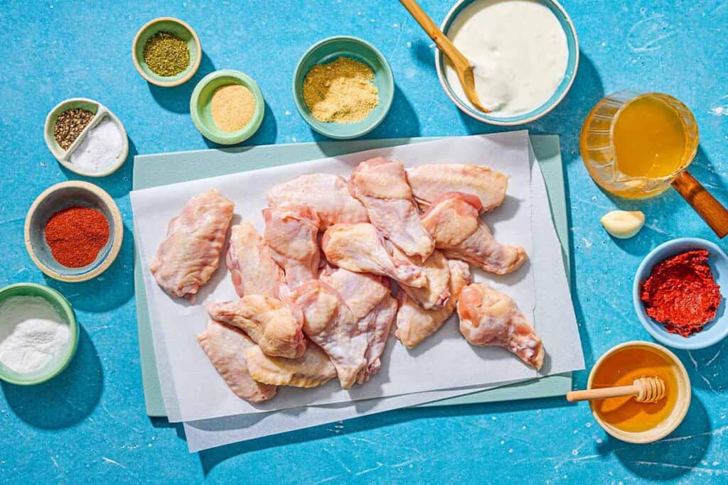 Ingredients for air fryer chicken wings including chicken wings, baking powder, salt, pepper, smoked paprika, onion powder, garlic powder, dried oregano, creamy feta dressing, honey, harissa, garlic and apple cider vinegar.