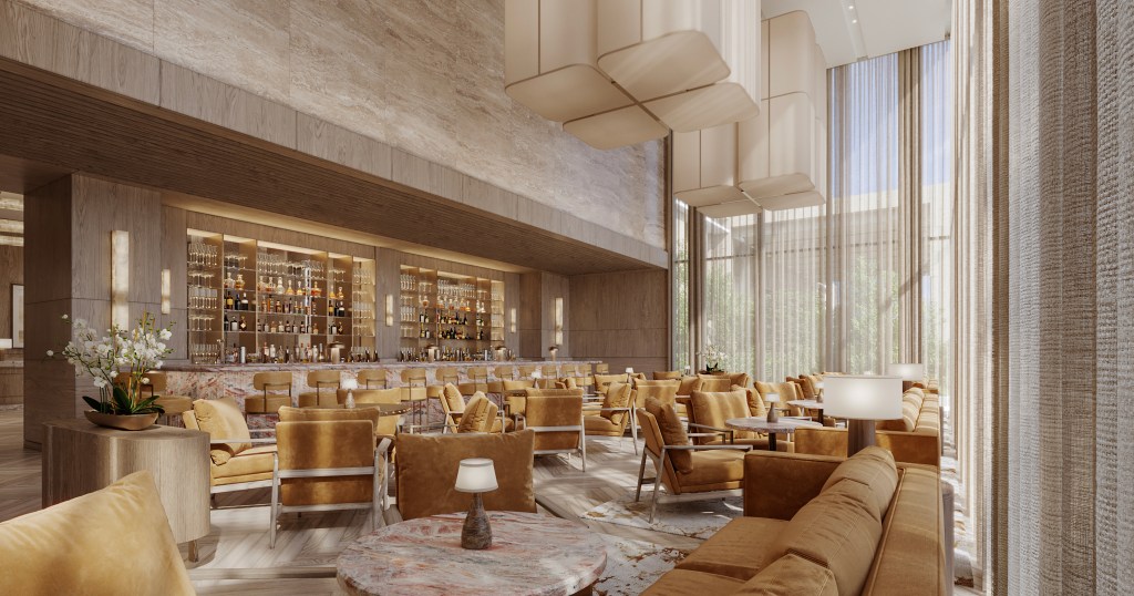 Spacious lounge with plush seating, marble tables, pendant lights, and a marble bar with backlit shelves, orchids, and soft natural light through sheer curtains.