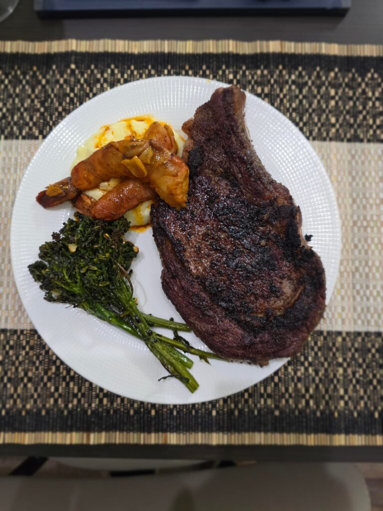 Steak and tiger prawns