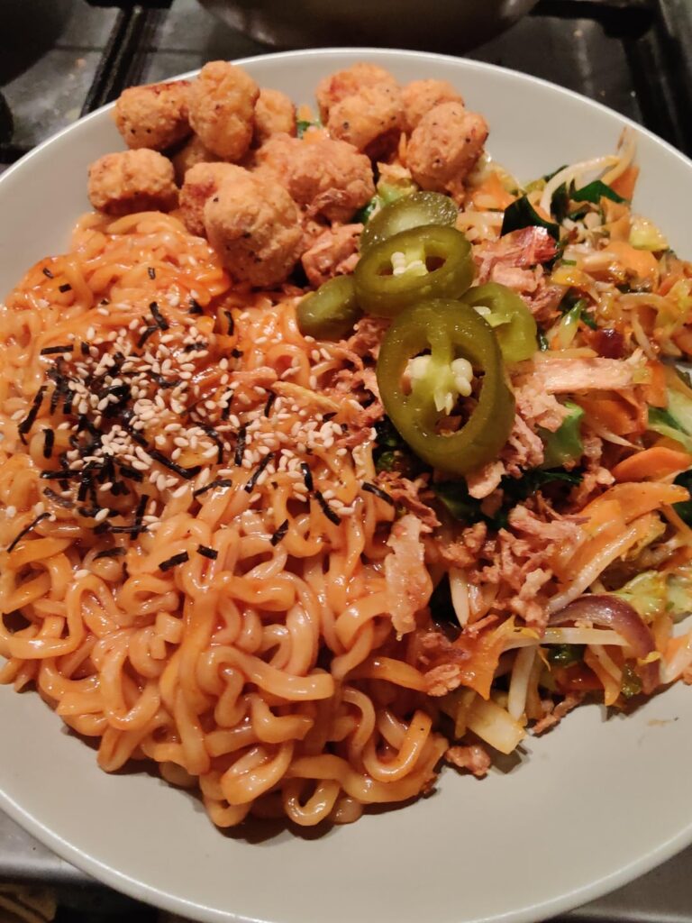 3x Spicy Buldak with stir fried vegetables and popcorn chicken