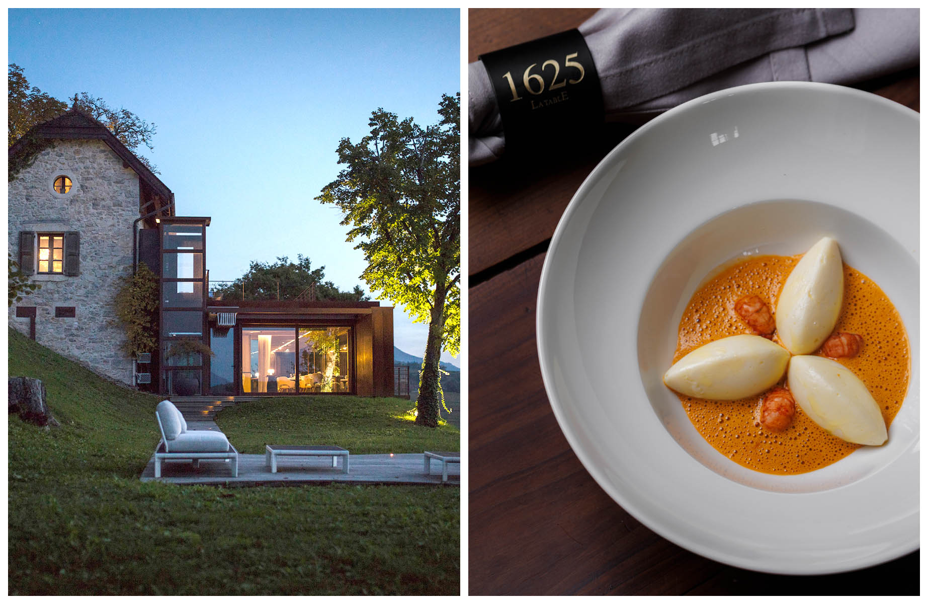 The exterior of Les Morainières restaurant, The MICHELIN Guide's latest Three-Star restaurant in France, and a dish from La Table 1625. © Matthieu Cellard/Les Morainières, © Midmad/La Table 1625