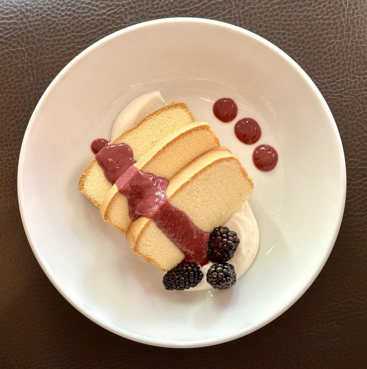 Homemade Buttery Poundcake with Vanilla Bean Yogurt, Berry Puree, and Blackberries