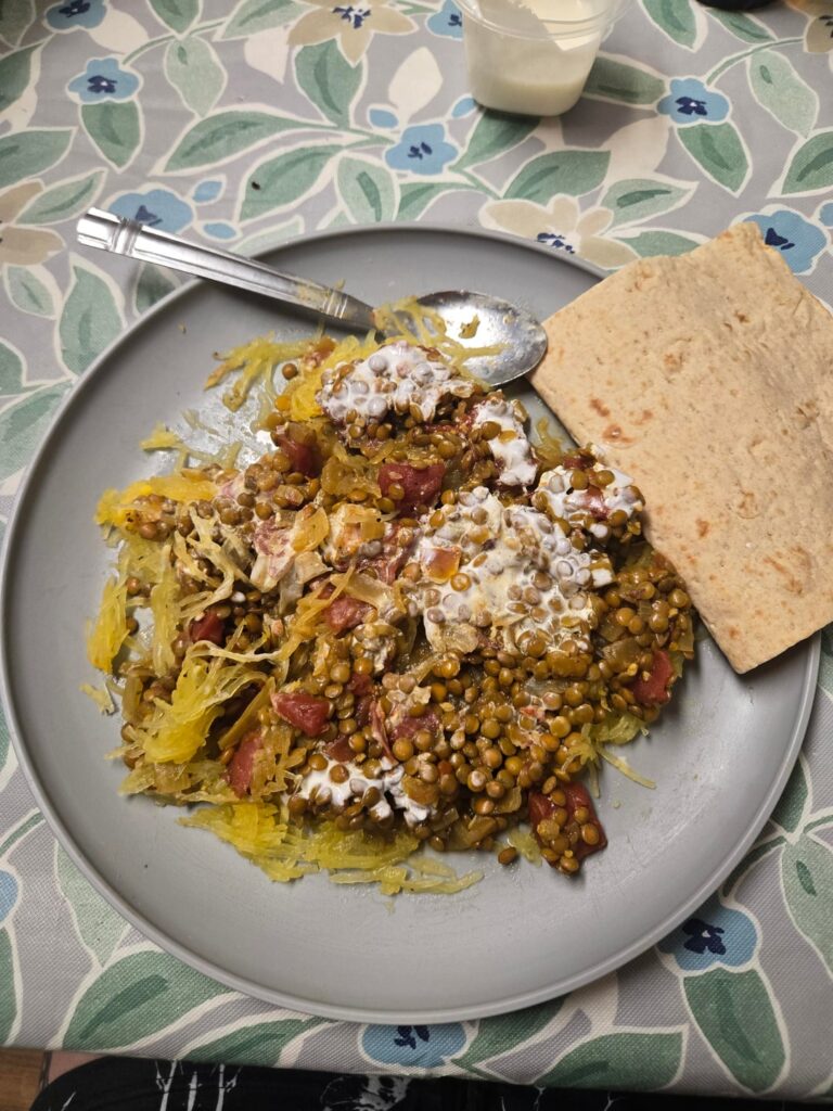 Red lentil dal over spaghetti squash, greek yogurt drizzle with lavash bread- 343 cals, 27g fiber, 57 g protein