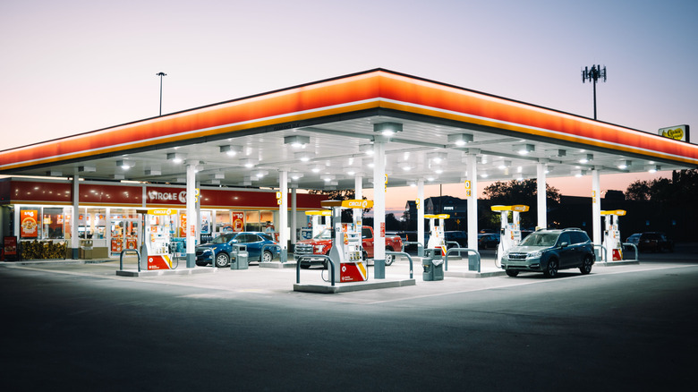 Gas station exterior at night