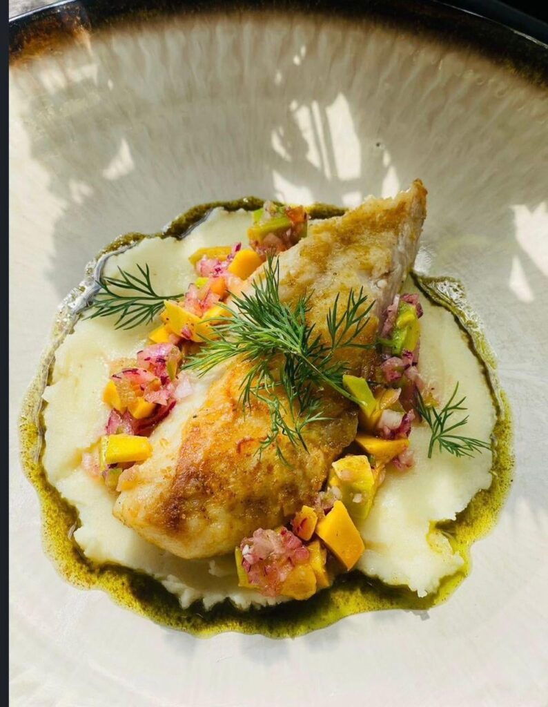 Pan-seared white fish over a bed of creamy potato puree, topped with a fresh mango salsa. The colors were just too good not to share [OC]
