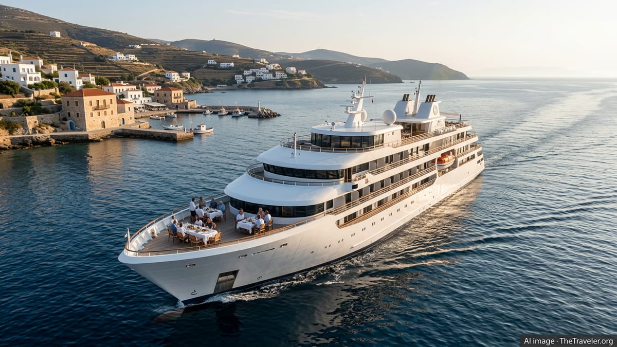 Atlas Ocean Voyages yacht sailing a Mediterranean coast with guests dining on deck