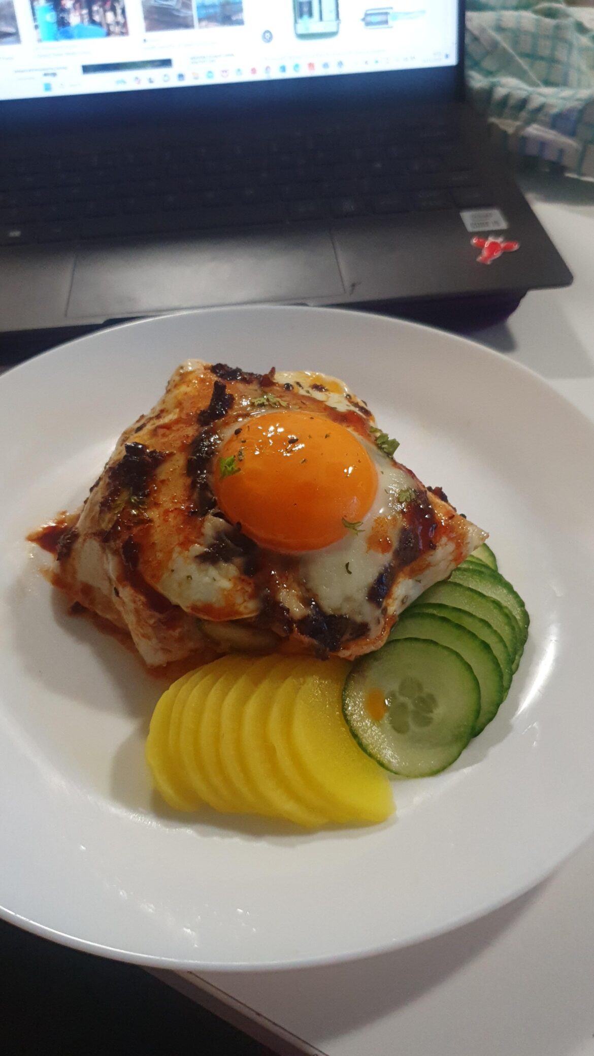 Leftover beef bibimpap chilli oil fried egg pickled radish