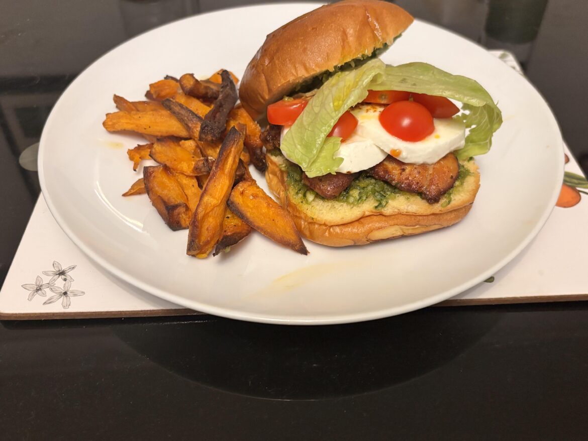 Chicken Caprese Burger. With sweet potatoe fries.