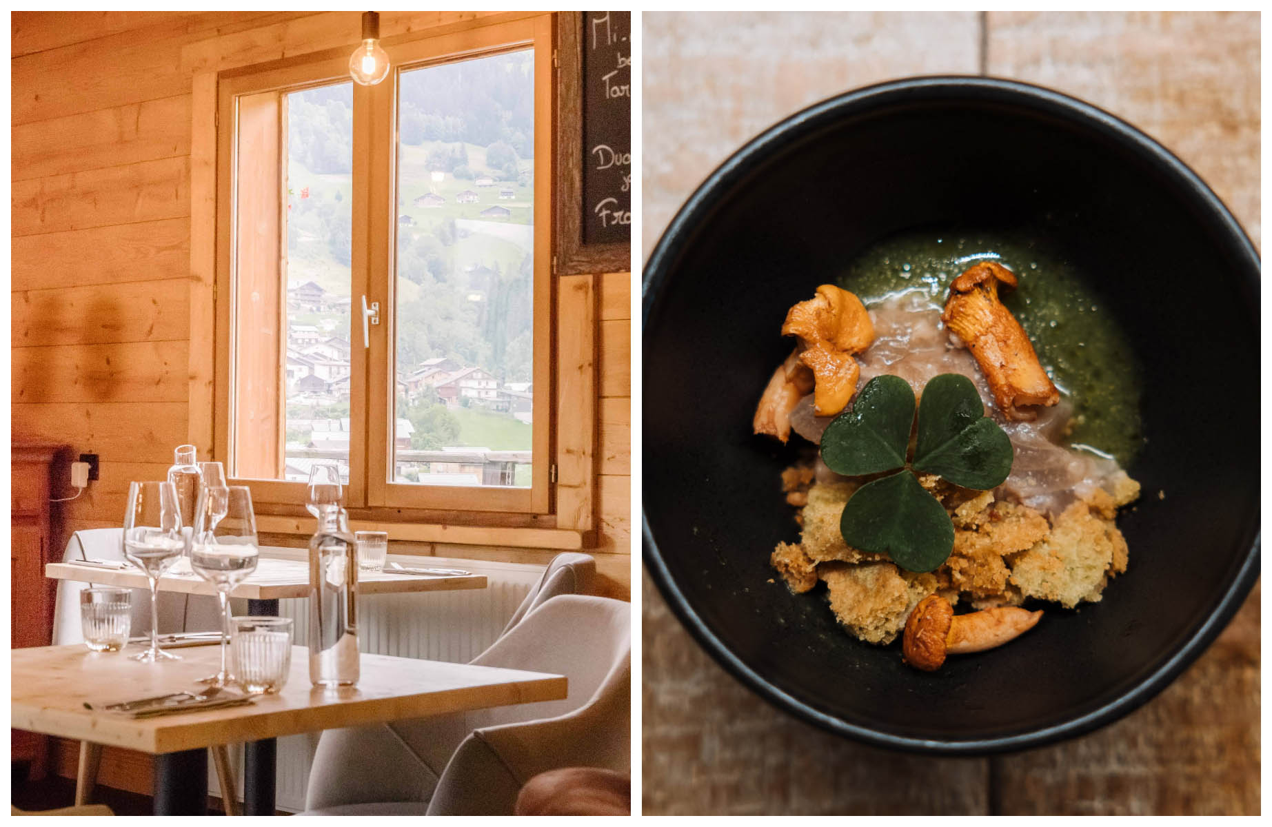 The interior and a dish from Les 9 Névés restaurant up in the French Alps. © sigrid pelisset/Les 9 névés, © enjoytrip/Les 9 névés