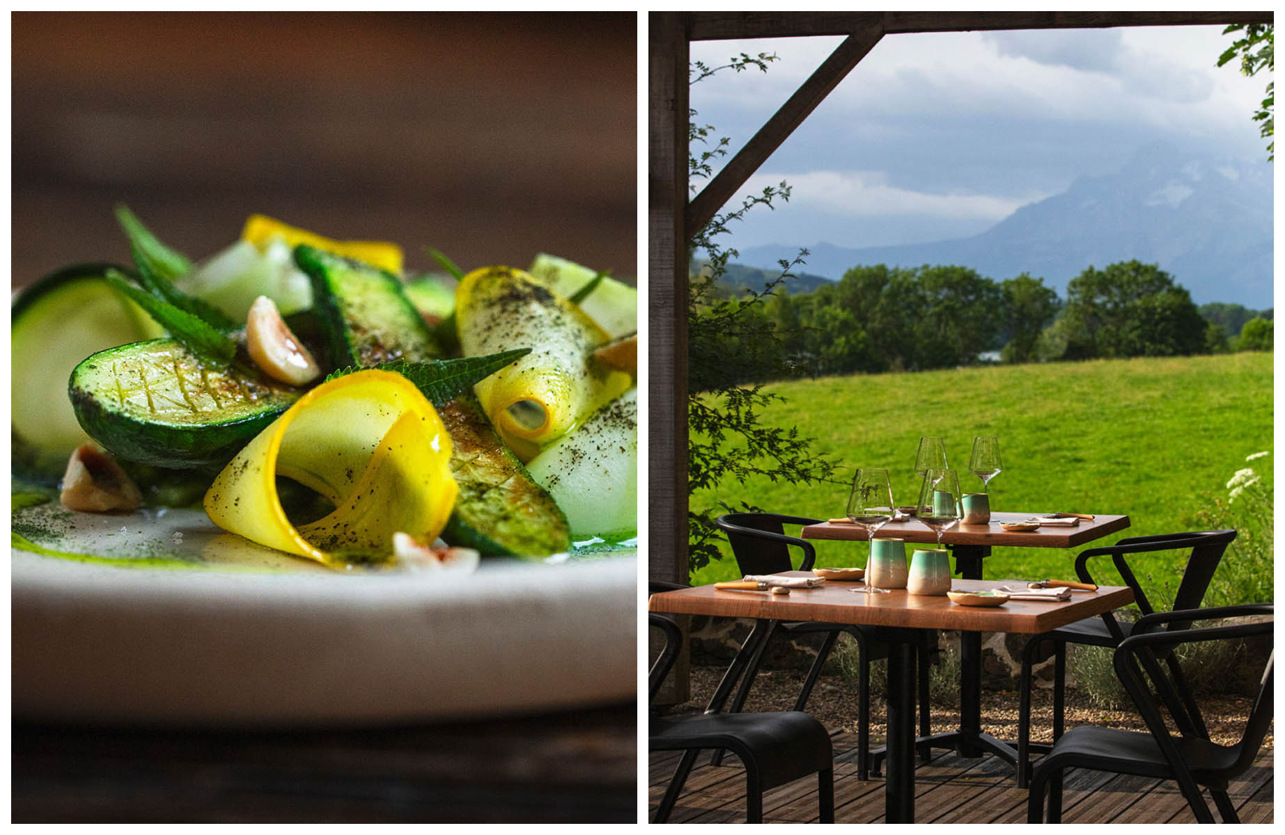 A zucchini dish and the terrace with mountain views at Maltacina. © Maltacina