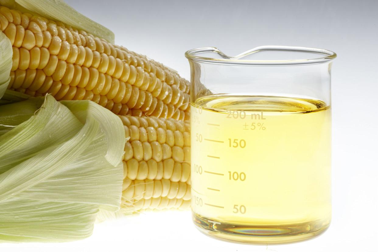 Beaker of of ethanol and ears of corn shot on lightbox