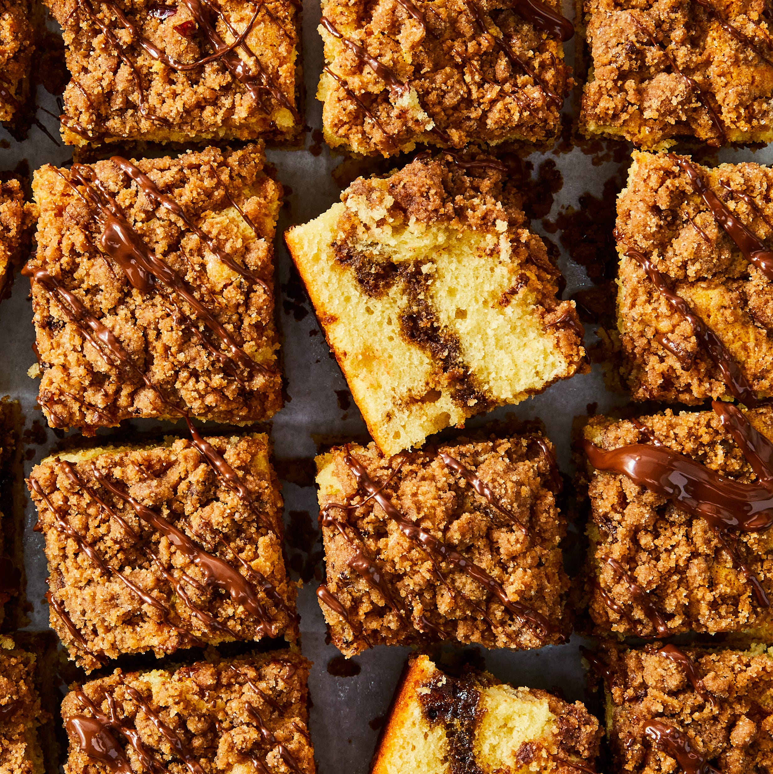 coffee cake with a chocolate swirl and chocolate topping
