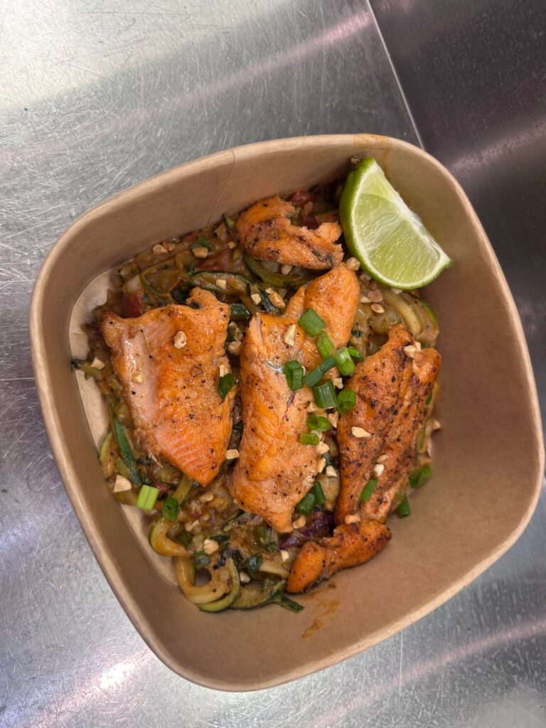 Pan-Seared Tiger Trout atop Spicy Thai Zucchini Noodles