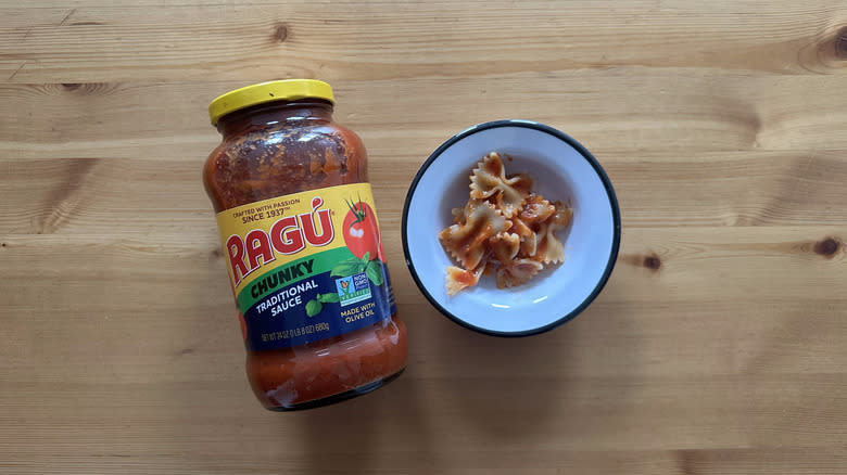 Chunky Traditional Sauce with pasta in white bowl