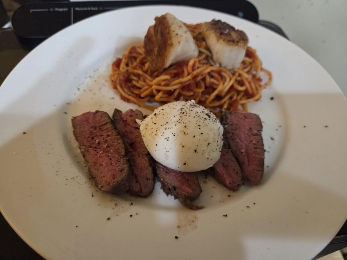 Sous Vide - Steak, Scallops, and Poached Egg