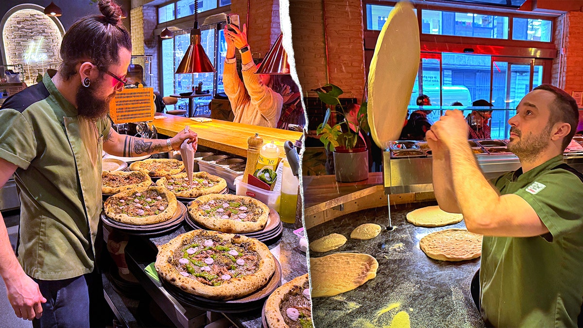 Split image of workers making pizza