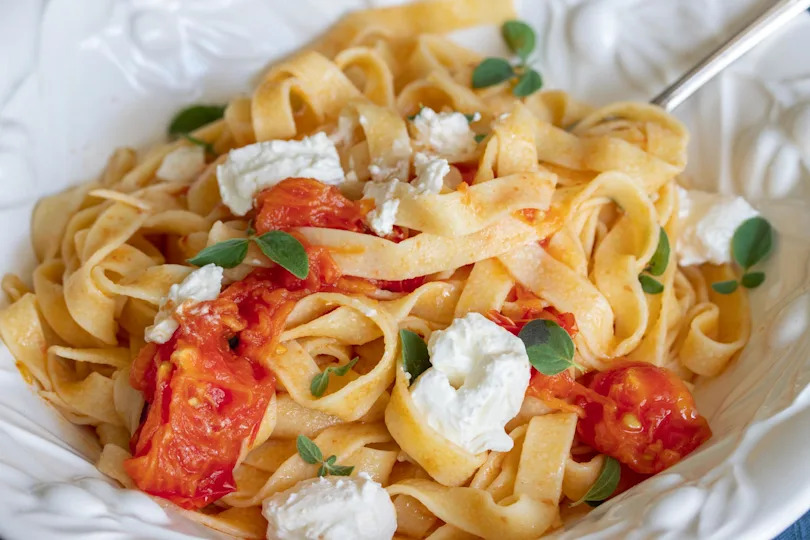 Burrata Cheese with Roasted Tomatoes and Fettuccine