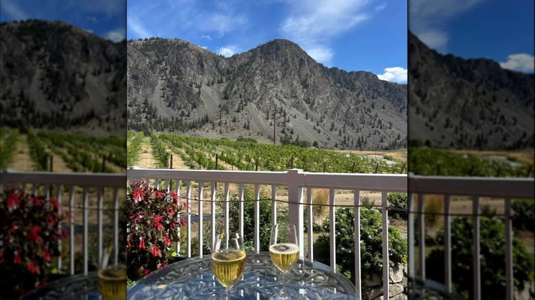Wine glasses on a table, overlooking vineyards and mountains at Hugging Tree Winery, Keremeos, Canada