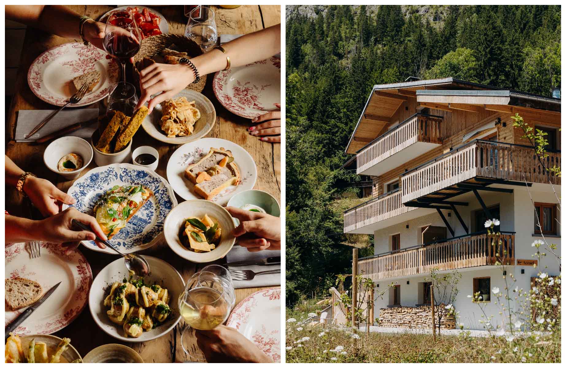 Dishes from the Auberge du Moulin de Léré and the exterior of the Chalet Flachaire at the foothills of the French Alps. © ENOGAT BACHMANN/Auberge du Moulin de Léré, © Morgane Brasier/Chalet Flachaire