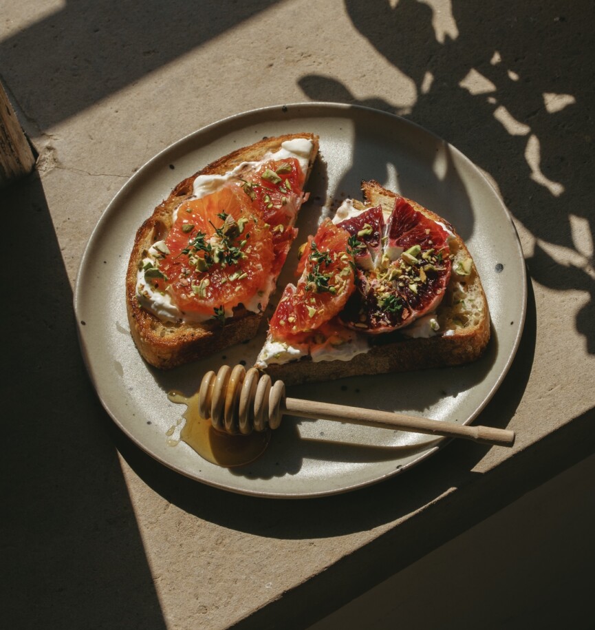 Burrata Toast with Blood Oranges and Pistachios