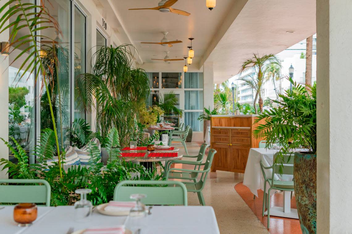 The terrace at Cleo restaurant at The Balfour Hotel in Miami Beach.