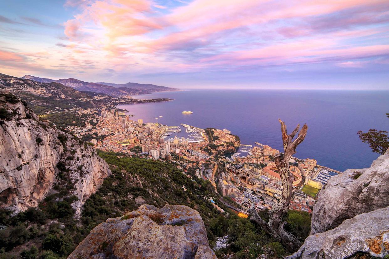 Monaco is such a small country that this sunset view of its harbor is from La Turbie, France.Credit: Davide Bianchi/Getty Images