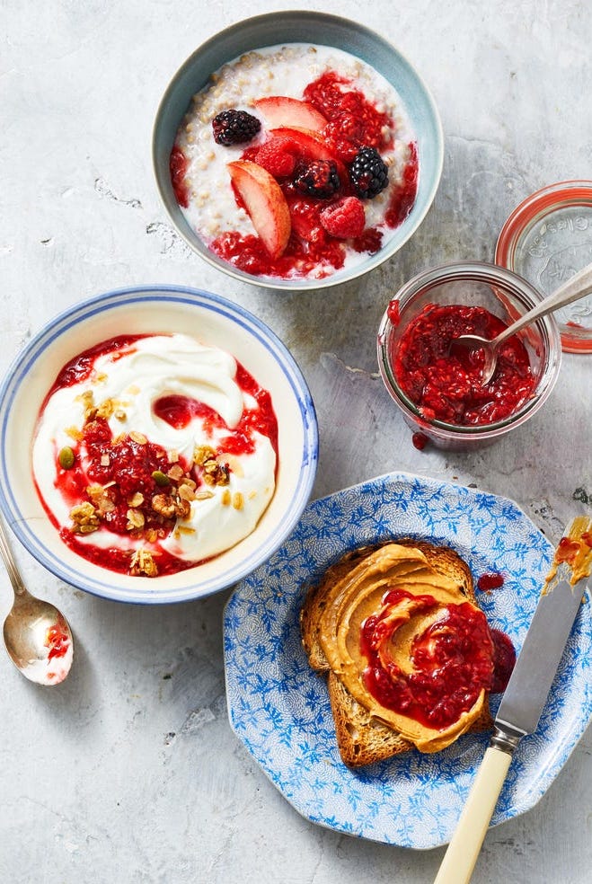 raspberry chia jam with yogurt and toast