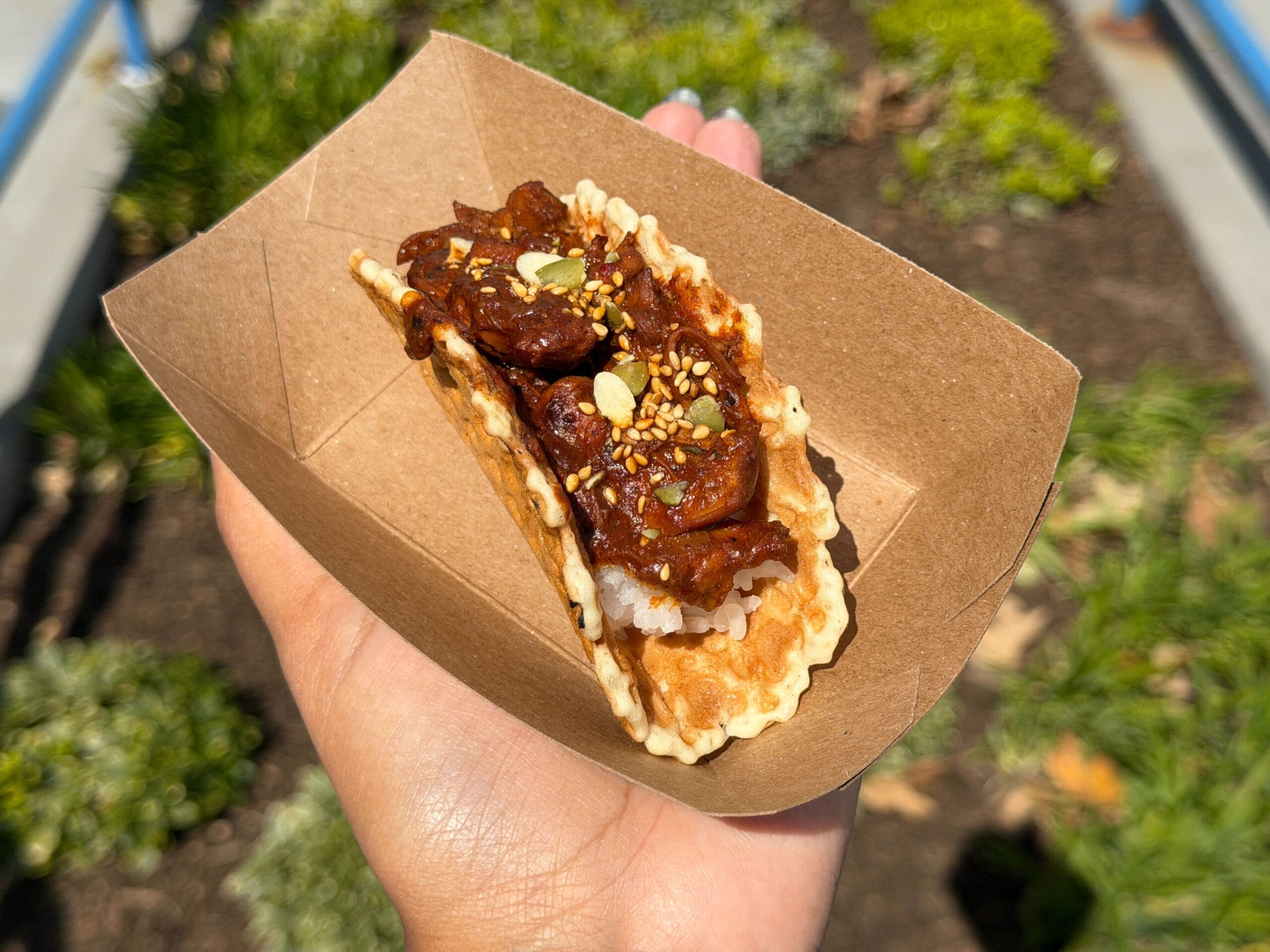 The mole is the star of the show, good chicken, and ingredients. The complete dish was Spicier than you would expect and also sweeter due to the waffle cone. This was a confusing one and divisive for us. We had some good things to say flavor-wise, but the stark texture and flavor contrast of plain white rice, mole, and waffle cone shell just didn't add up for us. All good individually, but together definitely interesting. The score was a compromise, with creativity and uniqueness considered for sure, and we both agreed this was better than average, but weird enough to keep it out of the top spots.