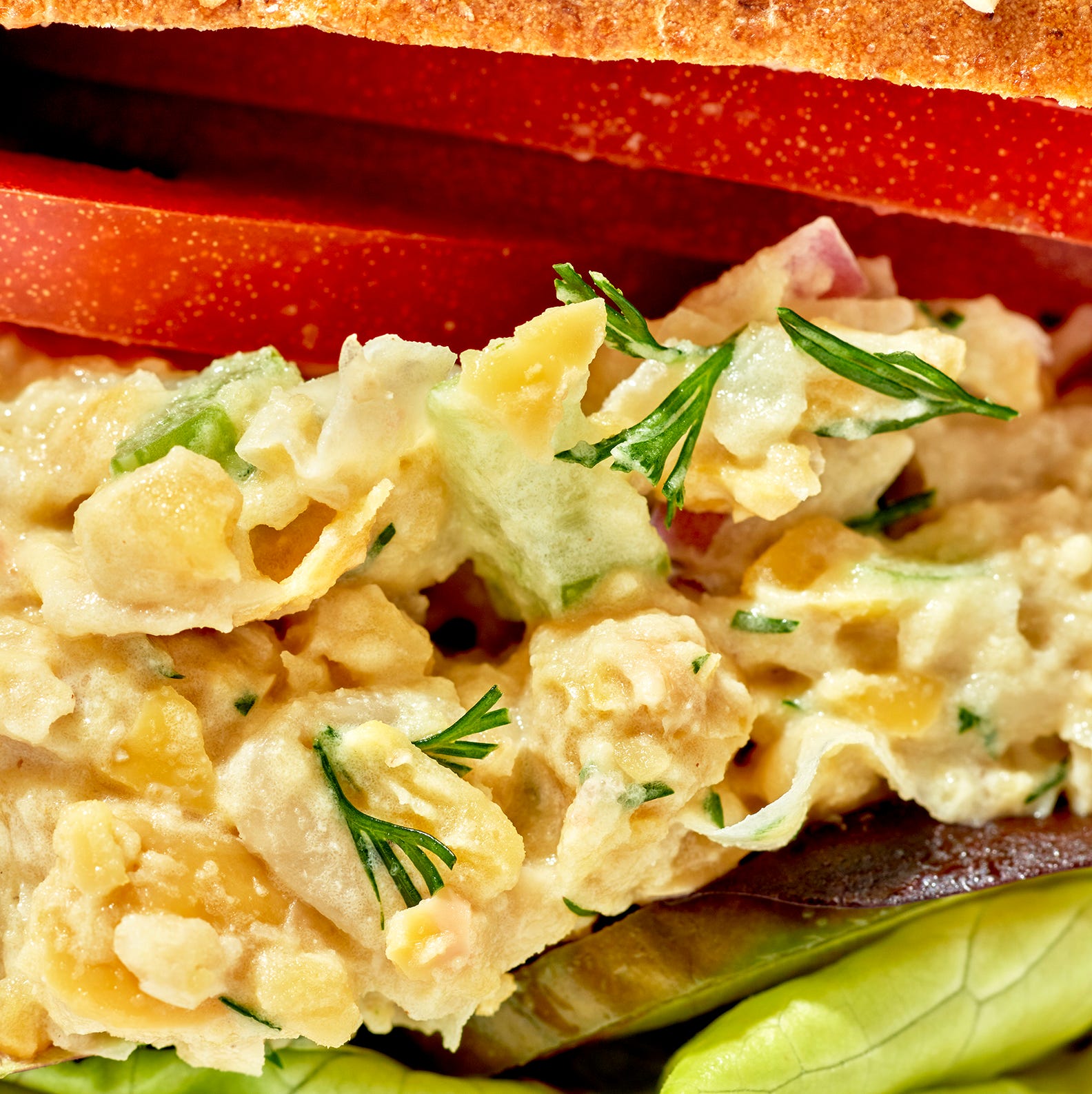 closeup of chickpea tuna salad sandwich